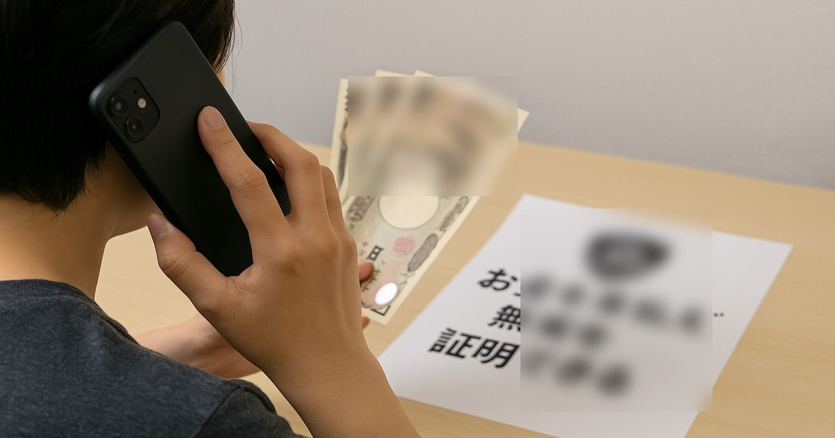 詐欺電話と現金をイメージした写真。人物の顔は写っていない。