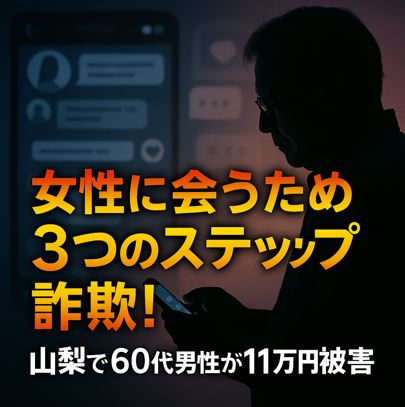 山梨県甲府市で60代男性が「女性に会うため3つのステップ」を口実に11万円をだまし取られた異性紹介サイト詐欺事件のアイキャッチ画像