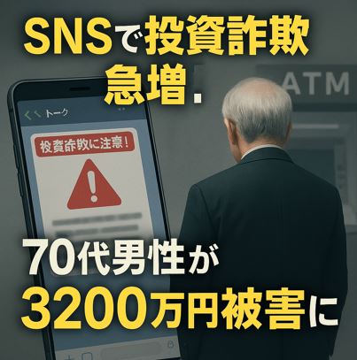 SNSで投資詐欺が急増、70代男性が3200万円の被害に遭った事件を警告するニュース画像