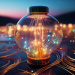 透明な球体の中で光の線が交差するイメージ。情報の拡散と混乱、前払い回数券問題を象徴。