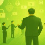 サイバーセキュリティイメージ。スーツ姿の人物と浮かぶ錠前アイコン。