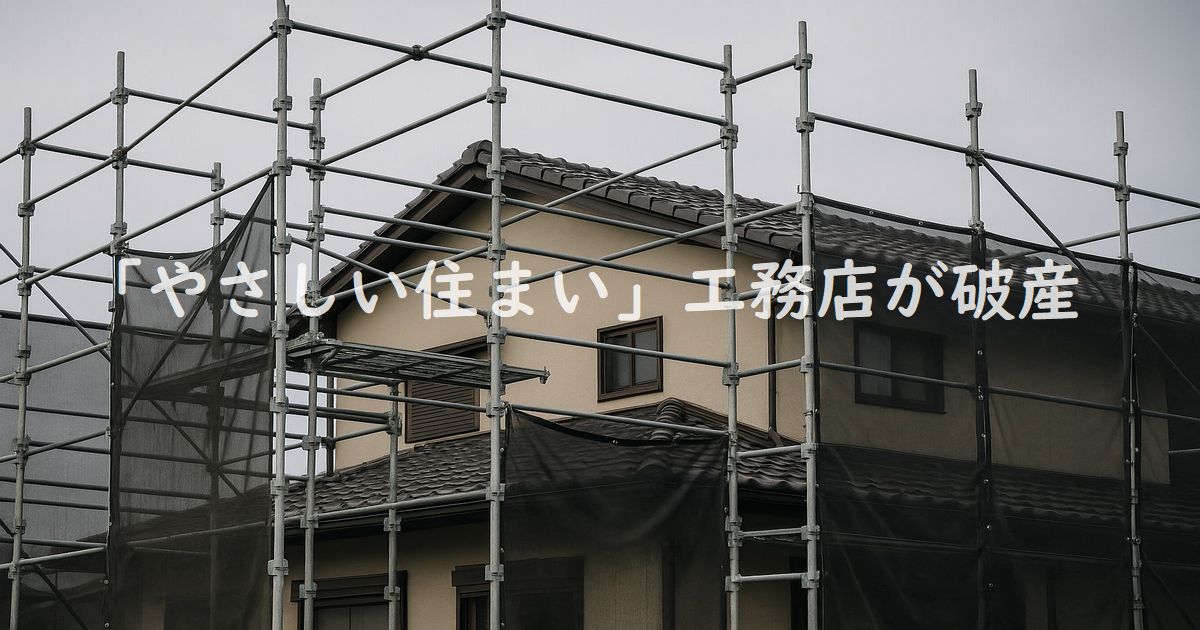 宮城県栗原市の工務店「やさしい住まい」破産を象徴する住宅と足場のイメージ
