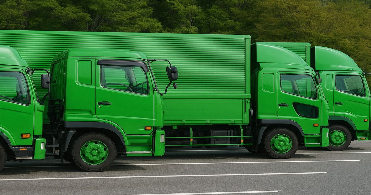 並んで駐車している緑色の大型トラック3台