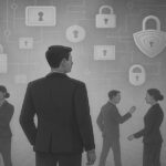 ビジネスパーソンとデータセキュリティを象徴する錠前アイコンのイメージ