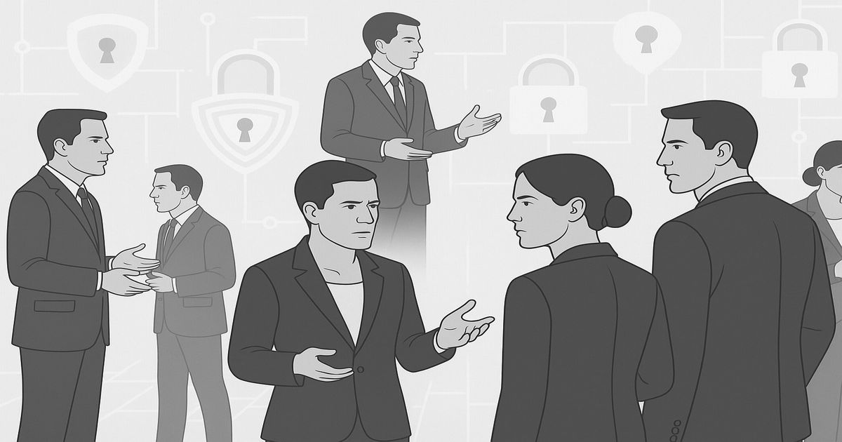 ビジネスパーソンとデータセキュリティを象徴する錠前アイコンのイメージ