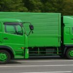 並んで駐車している緑色の大型トラック3台