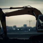 青森・鳴海建設の自己破産を示す、暗い建設現場に立つブルドーザー。