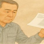 中年男性が真剣な表情で書類を見つめているイラスト