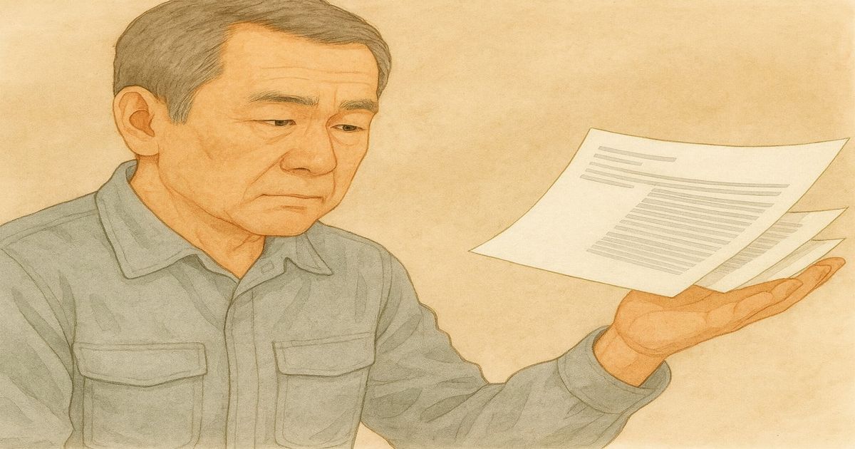中年男性が真剣な表情で書類を見つめているイラスト
