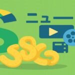 黄緑の背景にドルマークとグラフ、そしてお菓子のカールが描かれた「ニュースFree」ロゴのイラスト