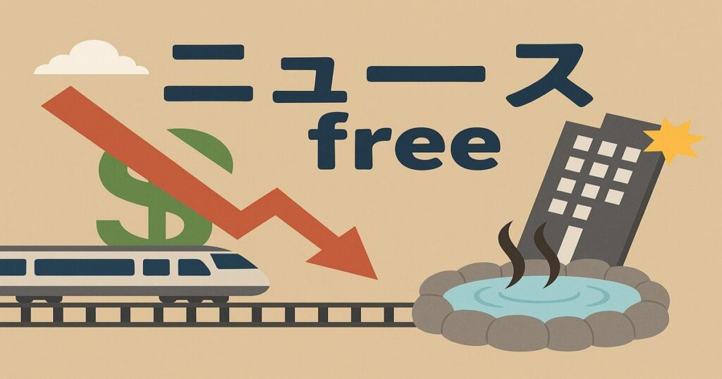 電車と線路、温泉、倒れるビル、下落矢印で観光業と鉄道業の不況を表現したイラスト