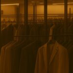 落ち着いた照明に照らされた高級アパレルショップの店内。整然と並ぶスーツやジャケットがガラス越しに反射し、静かな雰囲気を演出している。