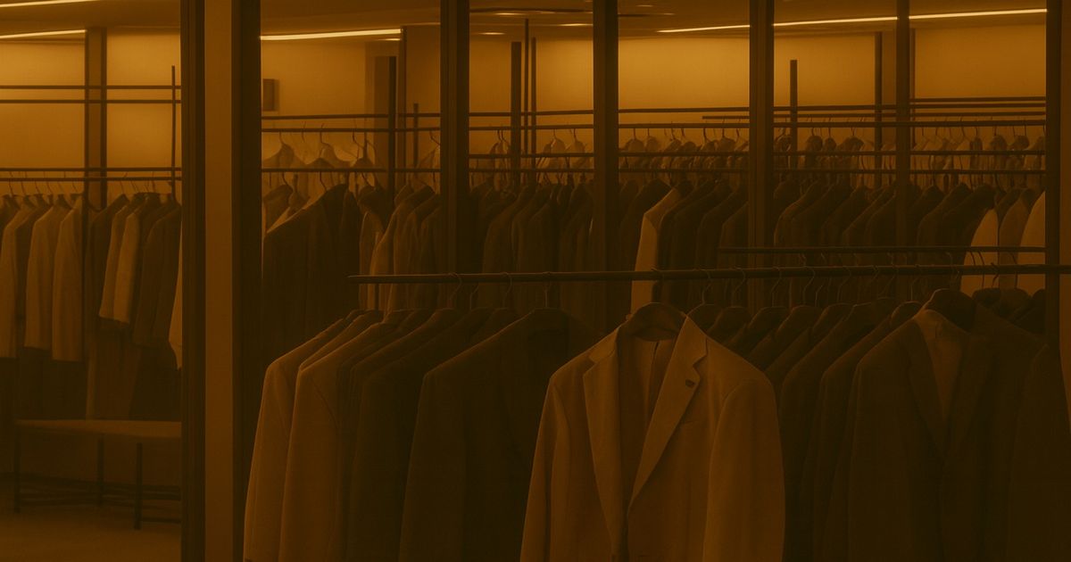 富山の老舗「やしま呉服店」が破産申請、負債1.4億円の衝撃と着物業界の構造危機 落ち着いた照明に照らされた高級アパレルショップの店内。整然と並ぶスーツやジャケットがガラス越しに反射し、静かな雰囲気を演出している。