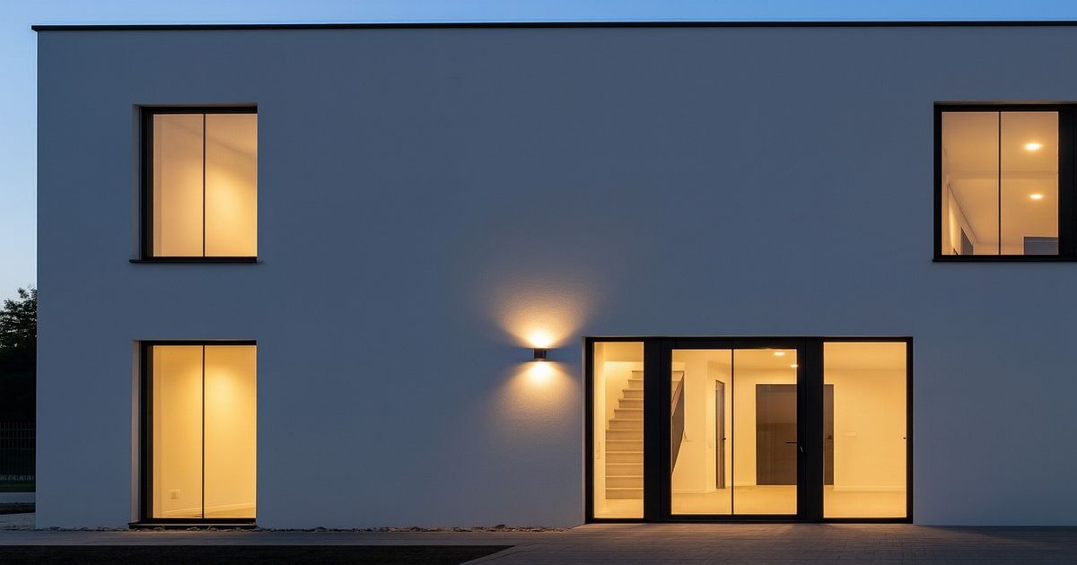 夜にライトアップされたモダンな二階建て住宅の外観