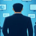 青い背景でビジネスマンがデータ画面を見つめるイラスト