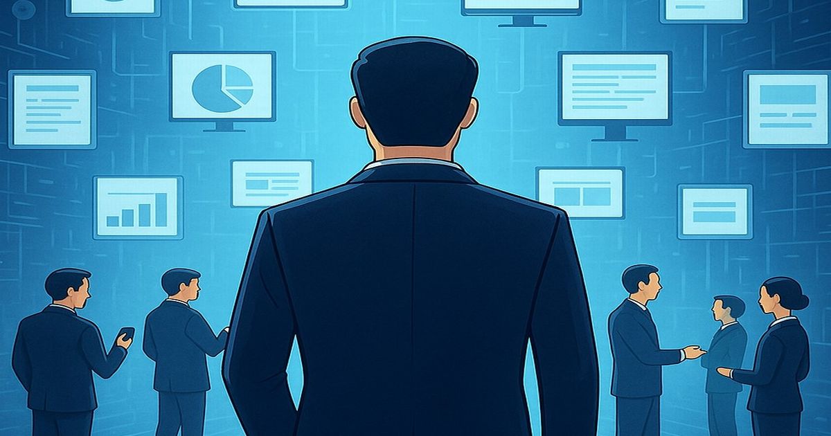 青い背景でビジネスマンがデータ画面を見つめるイラスト