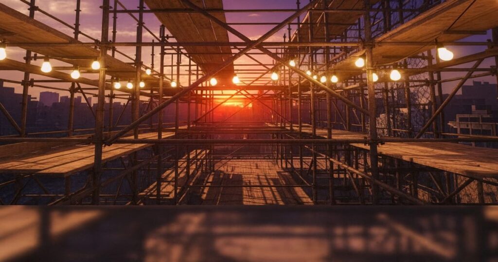 夕日が差し込む足場工事現場。金属パイプと木製板が組まれ、電球が並んで点灯している。