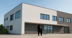 現代的な二階建てクリニックの建物と、入口に立つ母子のシルエット