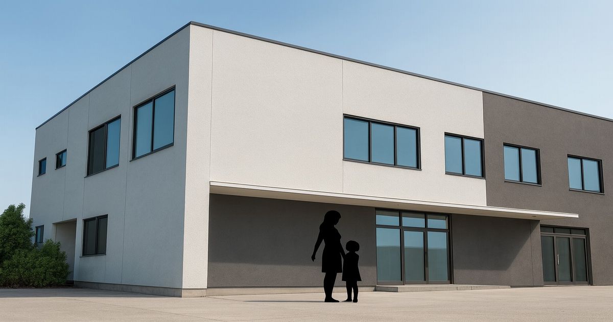 現代的な二階建てクリニックの建物と、入口に立つ母子のシルエット