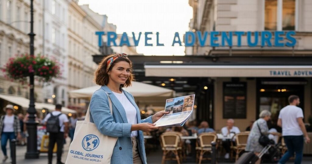 街中で旅行パンフレットを手に笑顔を見せる女性旅行業者