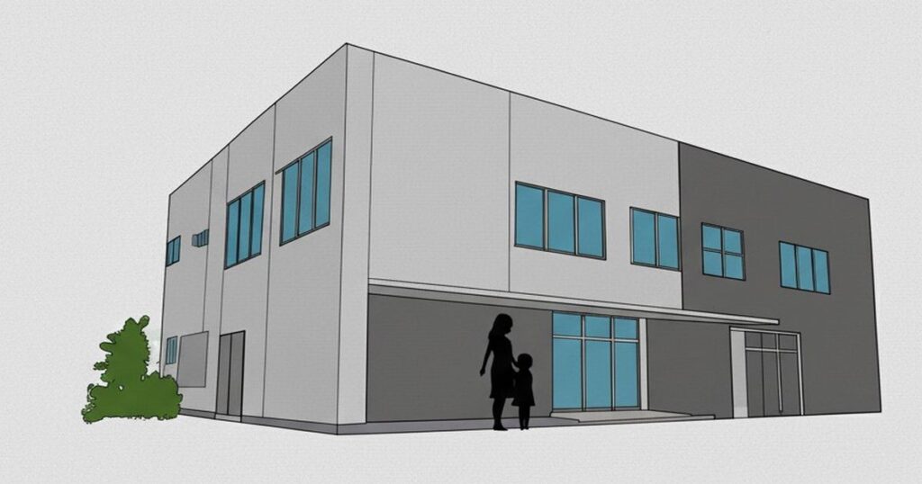 現代的な二階建てクリニックの建物と、入口に立つ母子のシルエットのイラスト