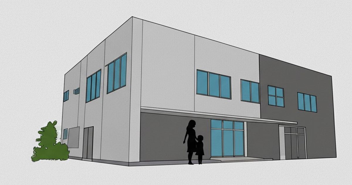 現代的な二階建てクリニックの建物と、入口に立つ母子のシルエットのイラスト