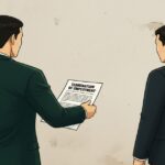 書類を持った男性と説明を聞く男性が、壁の前で向かい合っているイラスト。