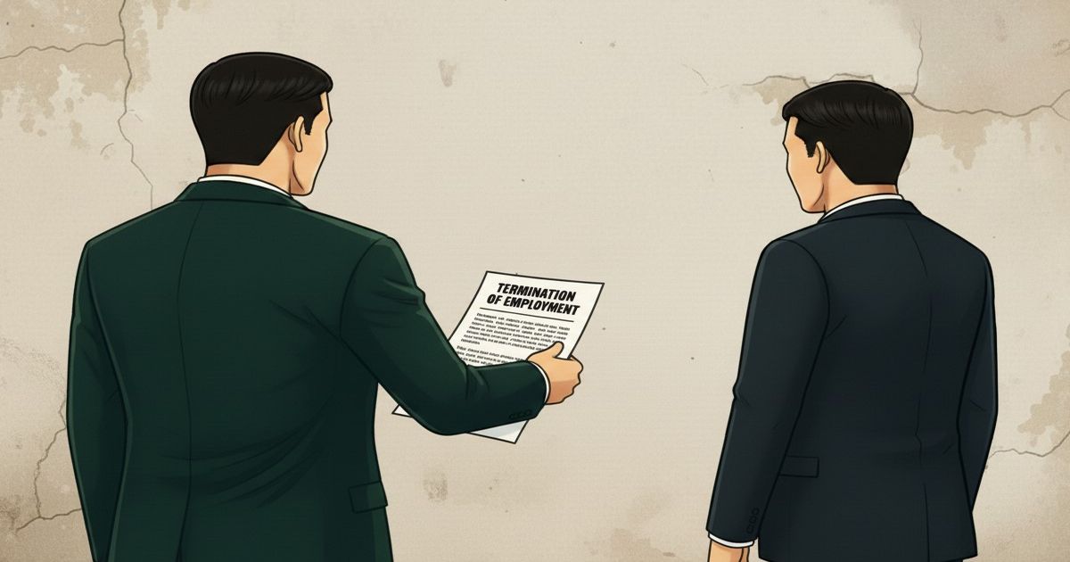 書類を持った男性と説明を聞く男性が、壁の前で向かい合っているイラスト。