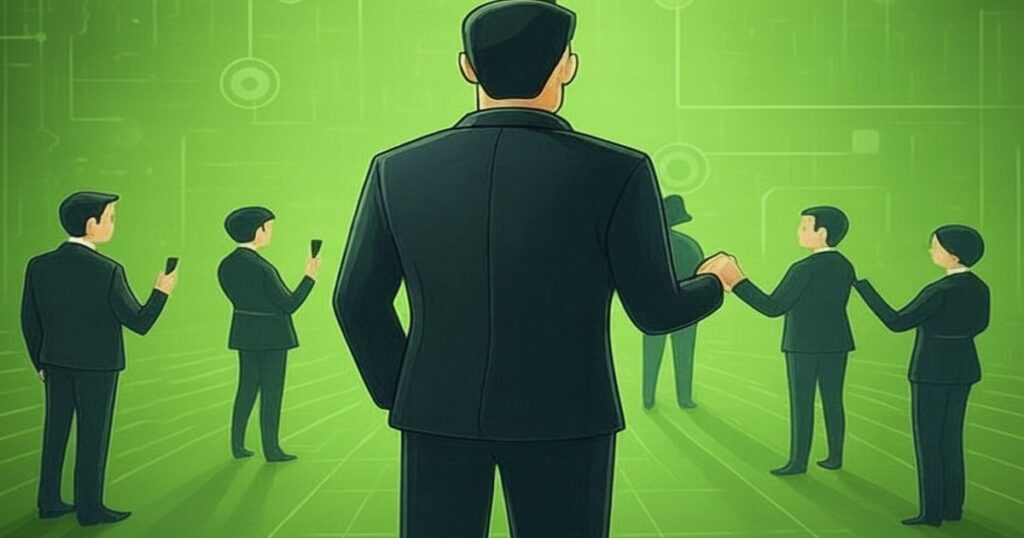 緑の背景で複数のビジネスマンがネットワークを示すイラスト