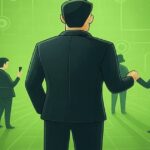 緑の背景で複数のビジネスマンがネットワークを示すイラスト