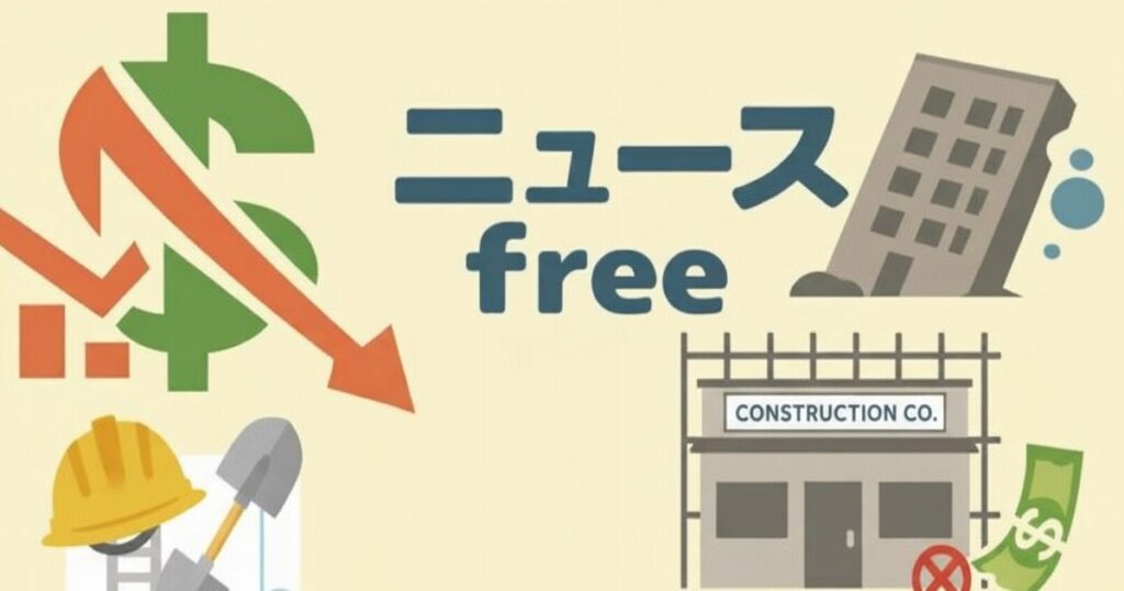 建設会社の倒産ニュースを表現したイラスト 赤い下向き矢印と倒壊したビル、金融不安のイメージ