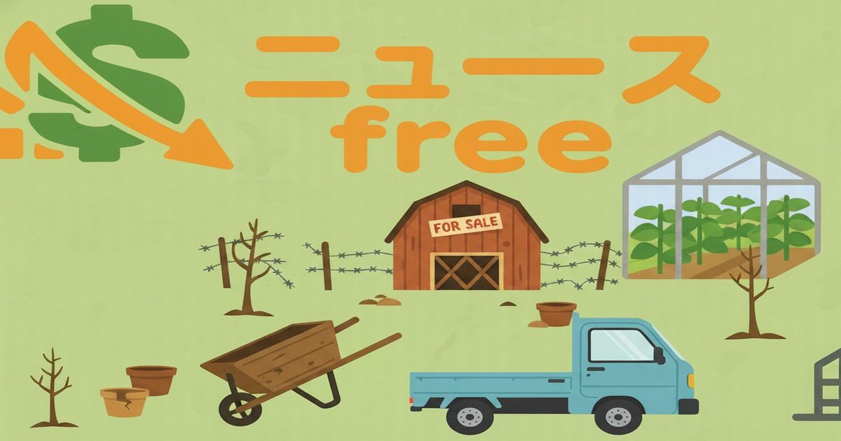 農園の倒産イメージ。FOR SALEの納屋、枯れた畑、空の植木鉢、軽トラック、下落を示す矢印などが並ぶニュース用イラスト。