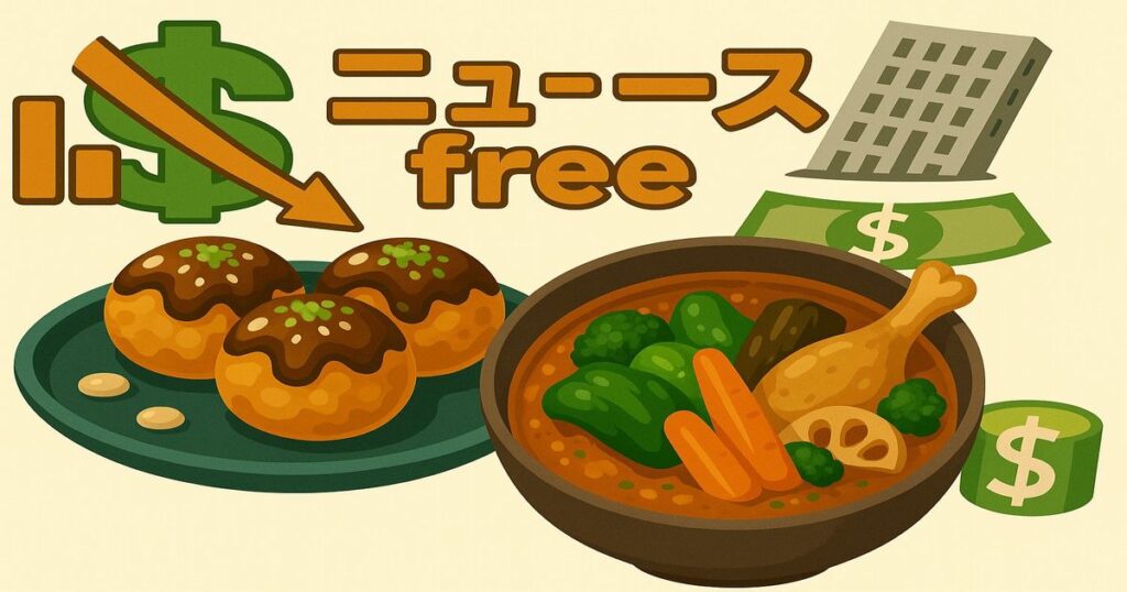 たこ焼きとスープカレーを並べたニュースfreeのイラスト