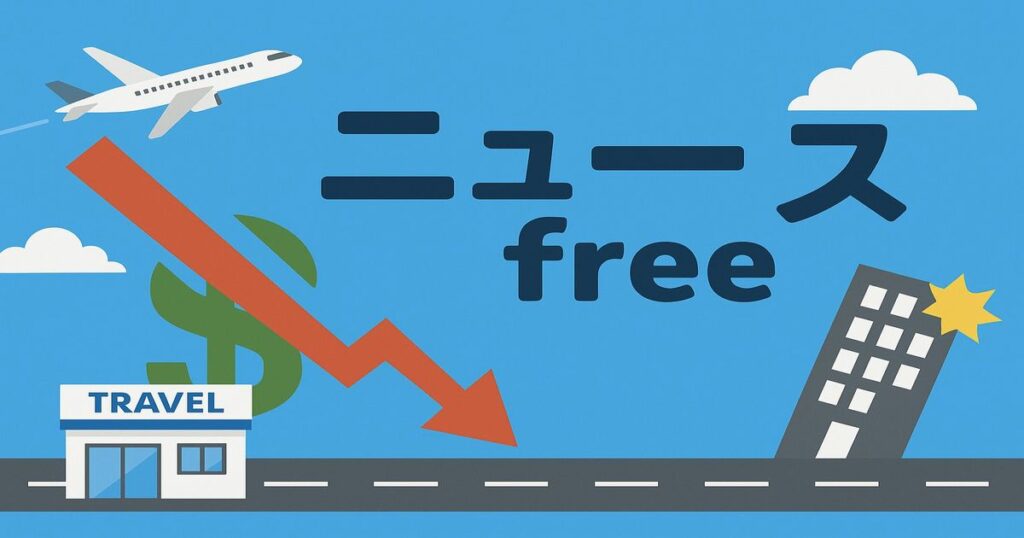 旅行会社の倒産イメージ、飛行機と旅行店、下落矢印、経営破綻の象徴イラスト