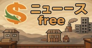 ニュースfreeの倒産カテゴリ共通アイキャッチ画像。街並みの背景とドルマークを用いたイラストデザイン。