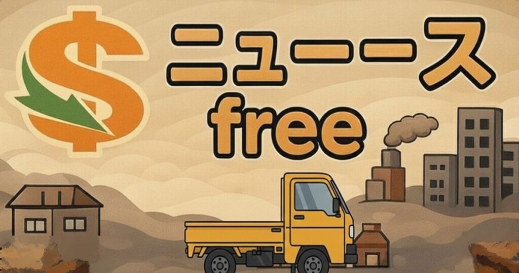 倒産ニュース用の共通アイキャッチ画像。ニュースfreeの文字とオレンジ色の軽トラック、工場や建物のシルエット。