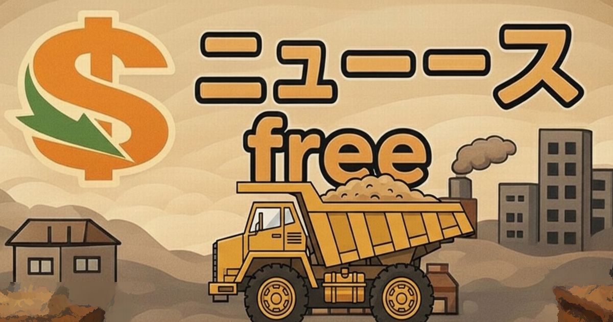倒産ニュース共通アイキャッチ画像、ダンプカーと工場のシルエット、ニュースfreeの文字入りイラスト