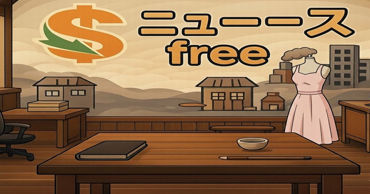 ニュースfreeのロゴが描かれたオフィス風イラスト。デスク、書類、マネキン、街並みが描かれた落ち着いたブラウン調のデザイン。