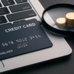 ノートパソコン上に置かれたクレジットカードと拡大鏡、積み上げられたコインが見えるオンライン決済イメージ