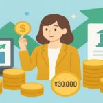 少額投資をテーマにした女性とコイン、上昇グラフ、証券会社イメージのアイコンを描いたイラスト