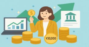 少額投資をテーマにした女性とコイン、上昇グラフ、証券会社イメージのアイコンを描いたイラスト