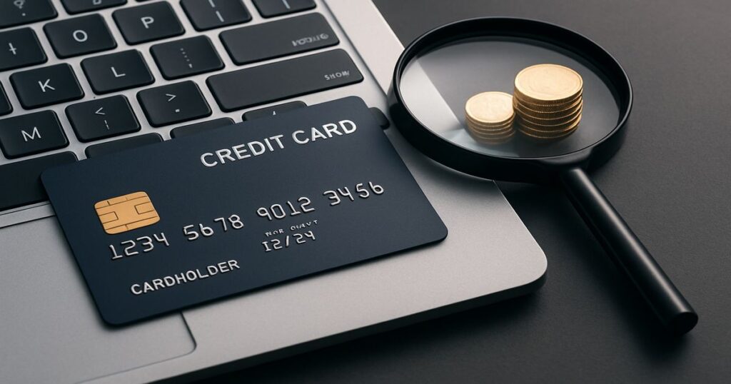 ノートパソコン上に置かれたクレジットカードと拡大鏡、積み上げられたコインが見えるオンライン決済イメージ