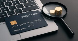 ノートパソコン上に置かれたクレジットカードと拡大鏡、積み上げられたコインが見えるオンライン決済イメージ