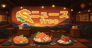 ニュースfreeロゴと和風居酒屋の内装を融合したアニメ風イラスト。カラフルな刺身盛り合わせが並ぶ店内の雰囲気を描いたデザイン。