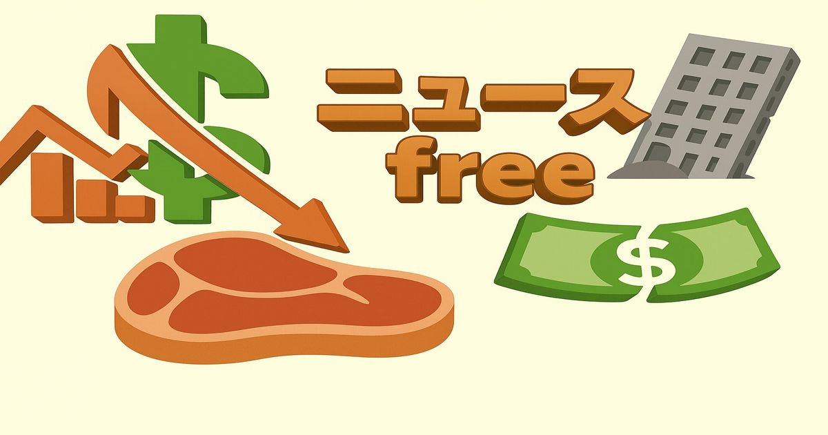 経済下落を示す矢印とドル記号、下落するグラフ、倒産するビル、肉価格とお金のイラスト、ニュースfreeロゴ