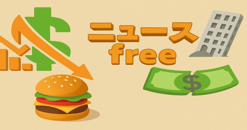 ハンバーガーと下向き矢印、ドルマーク、ビル、ニュースfreeの文字が描かれた経済ニュース風デザイン