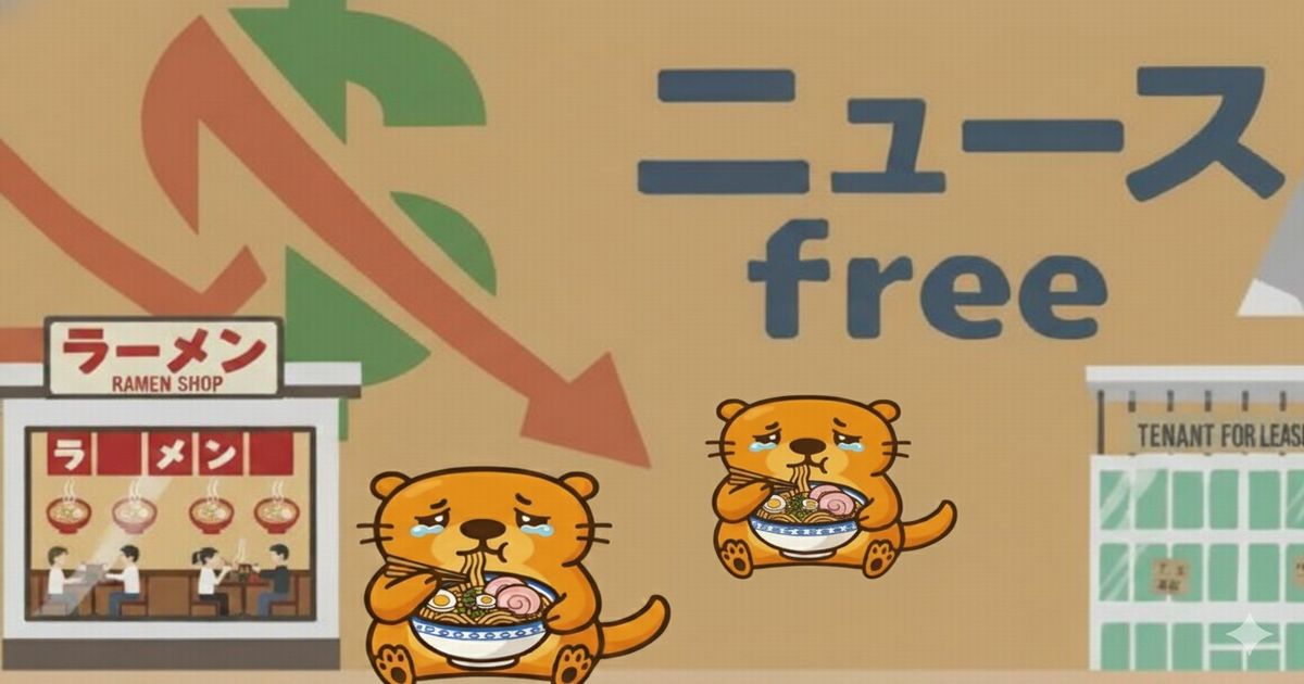 ラーメン店の前で泣きながらラーメンを食べるカワウソたちと、景気後退を示す赤い矢印が描かれた「ニュースfree」のイラスト