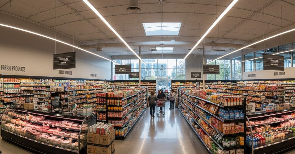 明るいスーパーマーケット店内の通路と商品棚を写した広角写真