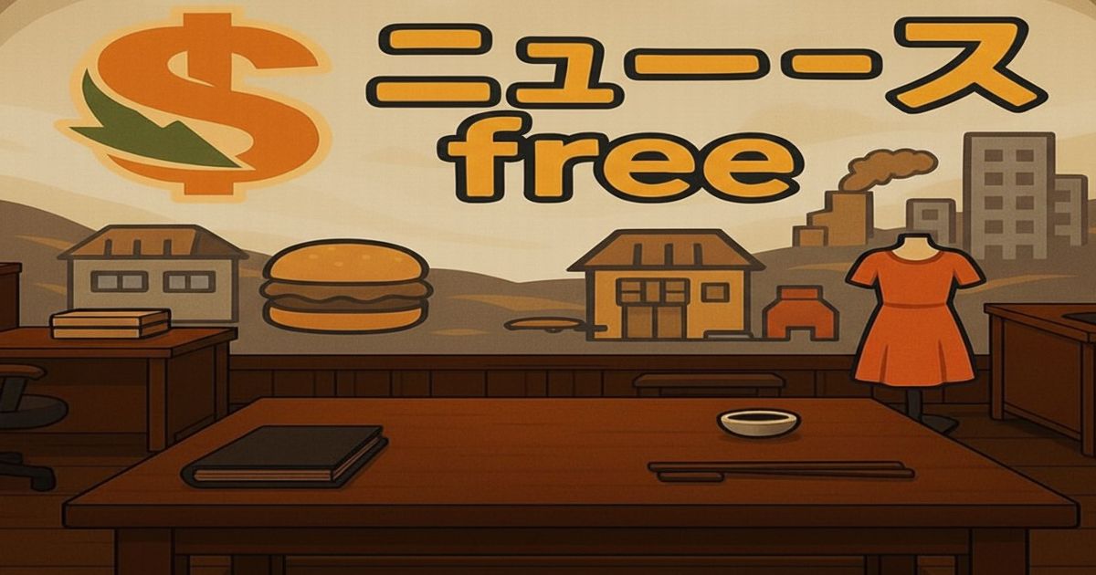 ニュースfreeの共通アイキャッチ画像。オレンジ基調の背景に建物や洋服、ハンバーガーのイラストが描かれたデザイン。