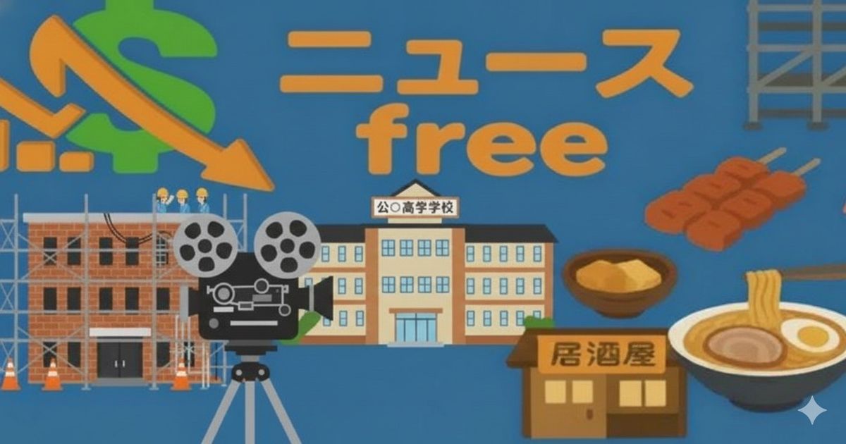 ニュースfreeのヘッダー用画像。建設現場、高校、公民館、映画カメラ、居酒屋料理などの日常ニュースを象徴するイラスト。